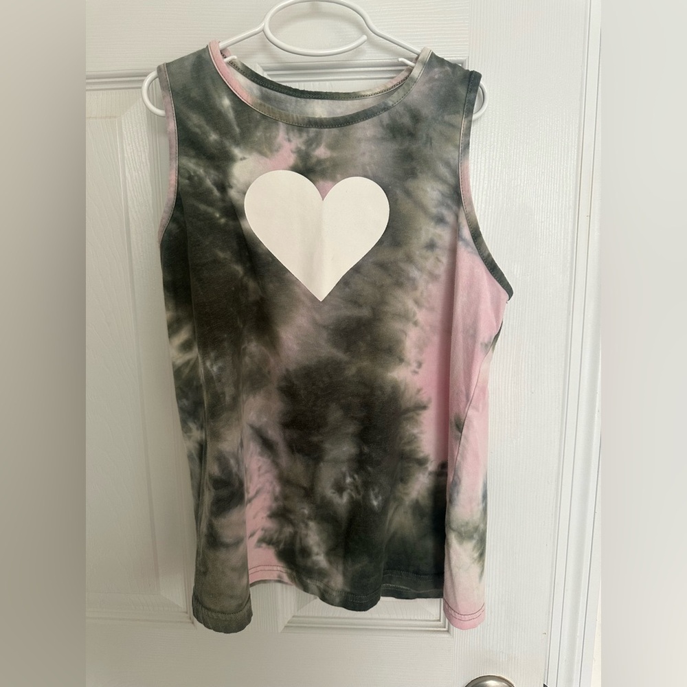 bcg Girls XL 16 Heart Tie Dye Green Pink Sleeveless Tank Top Shirt